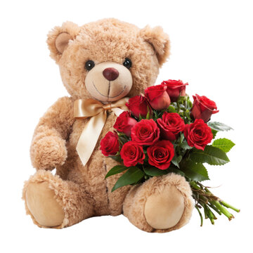 recommend clip art: Cute teddy with bouquet of roses isolated on transparent background