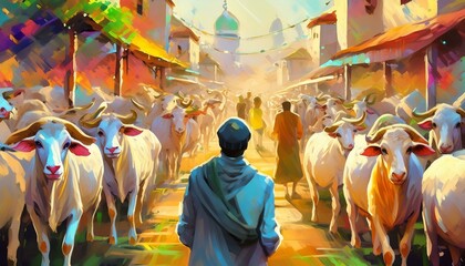 Obraz premium Muslim people at the animal market to buy goats, sheep or cow for Eid al-Adha. generative ai