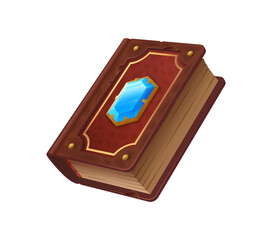 Game book, ancient tome imbued with spells, enchantments, and arcane knowledge. Isolated cartoon vector closed magic game book with leather cover and blue gemstone contains mystic secrets and power