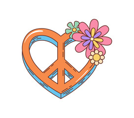 Retro groovy hippie heart with peace symbol and flowers, vector 70s cartoon. Groovy heart with blooming flowers for love and peace, freedom and positive vibes or hippie summer emotion emoji