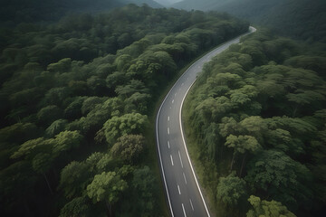 An aerial view of an asphalt road in the middle of green forest as an awareness of ecosystem and environment
