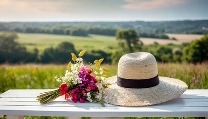 White table of free space and summer hat A white table with a stylish summer hat and a bouquet of flowers, set against a countryside background