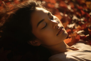 女, 女性, アジア人, 日本人, 睡眠, 眠る女性, 落ち葉, 秋, 枯れ葉, woman, Female, Asian, Japanese, Sleeping, Sleeping Woman, Falling Leaves, Autumn, Dead Leaves