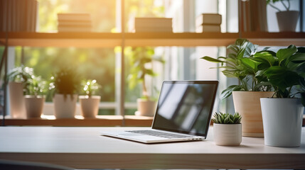 	
Working space in the office. Laptop on the table, green plant and booking shelf on the background