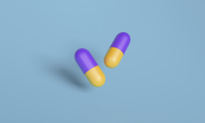 3D Yellow and Purple Capsules on Light Blue Background