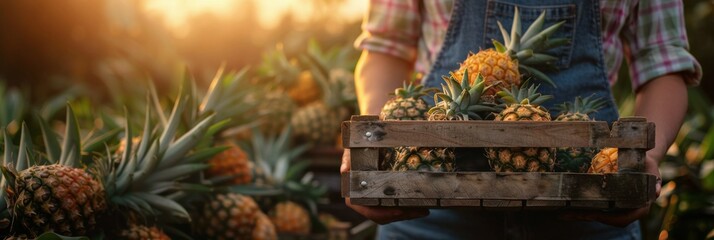 Fototapeta premium Farmer Harvesting Ripe Pineapples in a Tropical Field at Sunset