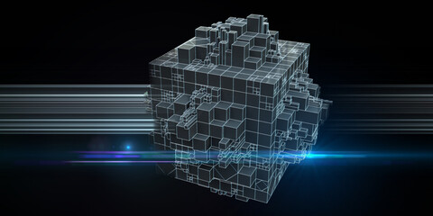 Abstract geometric background with group of 3d cubes and glow lines on black. Concept business and technology template with 3d boxes. Big Data.