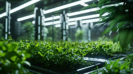 Fototapeta premium A Hydroponic Vertical Farm Embraces the Future with High-Tech Automation and Holographic Guidance in a Greenhouse Laboratory