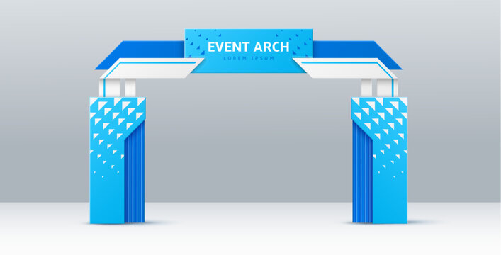Event arch or entrance gate mockup template of entry or welcome archway, vector 3D design. Event arch for sport marathon start and finish gate, exhibition or expo entrance blue stand frame mock up
