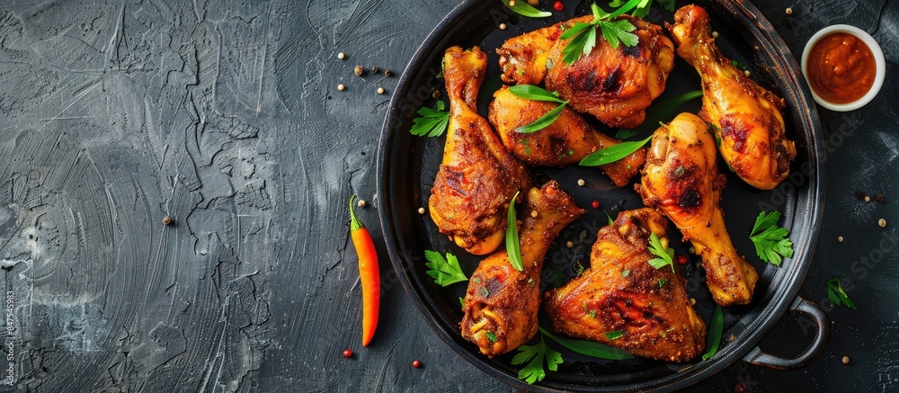 Wall mural spicy roasted chicken legs served on a platter against a dark slate, stone, or concrete backdrop, vi