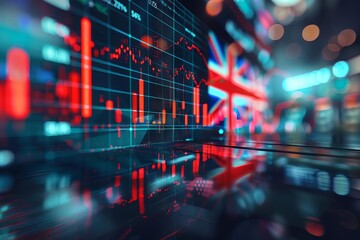 Fototapeta premium Abstract image of UK flag and stock market charts reflecting financial performance.