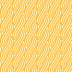Ramen noodle pattern with braided line ornament, vector seamless background. Abstract yellow noodles pattern with curly wavy knit lines of instant noodles for Asian Chinese or Japanese background