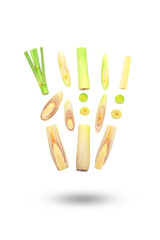 Flying lemongrass with slices isolated on white background , clipping path.