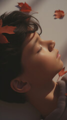 男の子, 子供, 睡眠, 眠る男の子, 秋, 落ち葉, 枯れ葉, リラックス, boy, children, sleeping, sleeping boy, autumn, falling leaves, dead leaves, relax