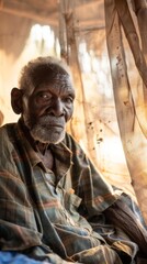 Naklejka premium African old man waking up in the morning