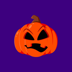Halloween holiday pumpkin emoji. Isolated vector cartoon grinning jack lantern face with vacant eyes and evil smile. Emoticon with scary expression captures festive spirit and spooky festive fun