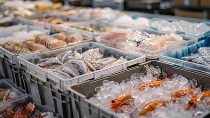 Refrigerated section with packed crates of frozen seafood in plastic packages, ready for shipment to grocery markets