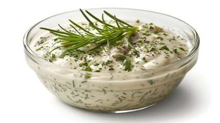 Ranch dressing in a transparent dish, creamy and speckled with herbs and spices, isolated on a clean white background, high-definition lighting