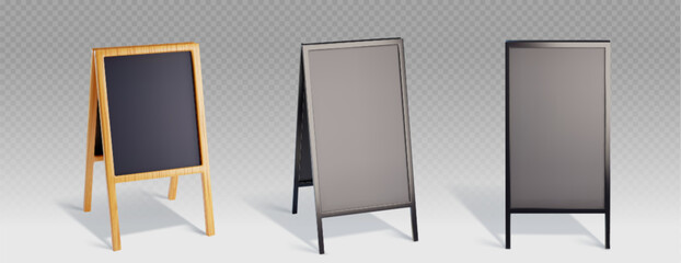 Blackboard stands set isolated on transparent background. Vector realistic illustration of wooden and plastic advertising sign boards front view, menu displays with blank surface, promo banner design