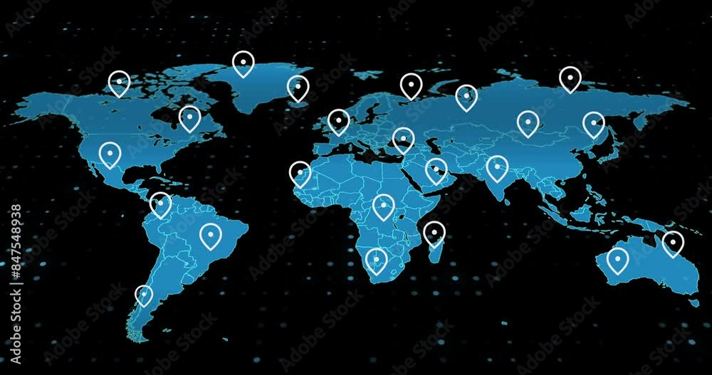 Poster Hologram, map and location pins for travel, global population or demographic statistics. Earth, network and futuristic 3d model of abstract countries with navigation marker by black background.