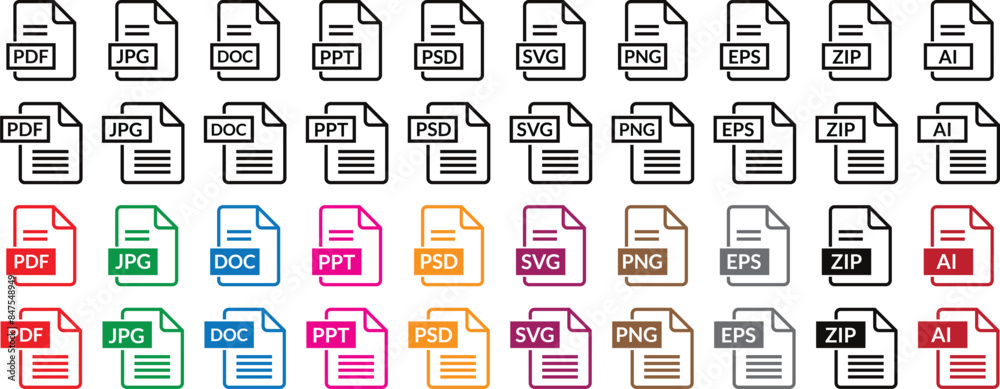 Poster file format symbols set, document text, web format information, images, vector images, file format icon set vector illustration.
