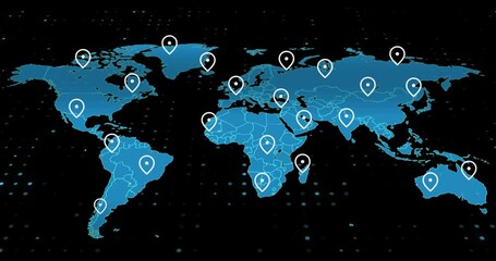 Hologram, map and location pins for travel, global population or demographic statistics. Earth, network and futuristic 3d model of abstract countries with navigation marker by black background. - Powered by Adobe