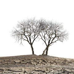 Lonely tree in the dry cracked earth on white background generative ai
