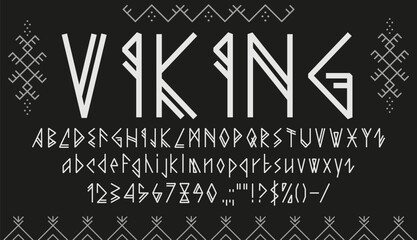 Viking font, nordic rune type, ethnic scandinavian typeface, norse epic alphabet. Vector white latin abc uppercase and lowercase letters, numbers and punctuation marks inspired by nordic runes script © Buch&Bee