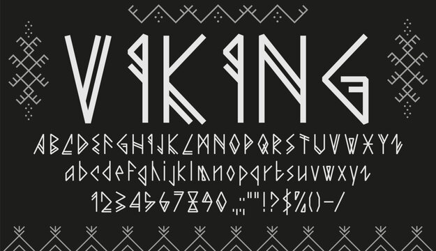 Viking font, nordic rune type, ethnic scandinavian typeface, norse epic alphabet. Vector white latin abc uppercase and lowercase letters, numbers and punctuation marks inspired by nordic runes script
