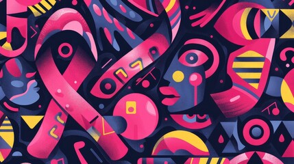Obraz premium Abstract art of a pink breast cancer awareness ribbon with vibrant shapes and patterns, symbolizing support, unity, and the fight against breast cancer