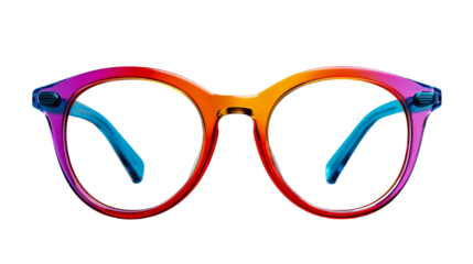 close-up of a pair of vibrant, rainbow-colored round eyeglasses, with a gradient transitioning from purple and pink at the top to yellow and orange at the bottom.