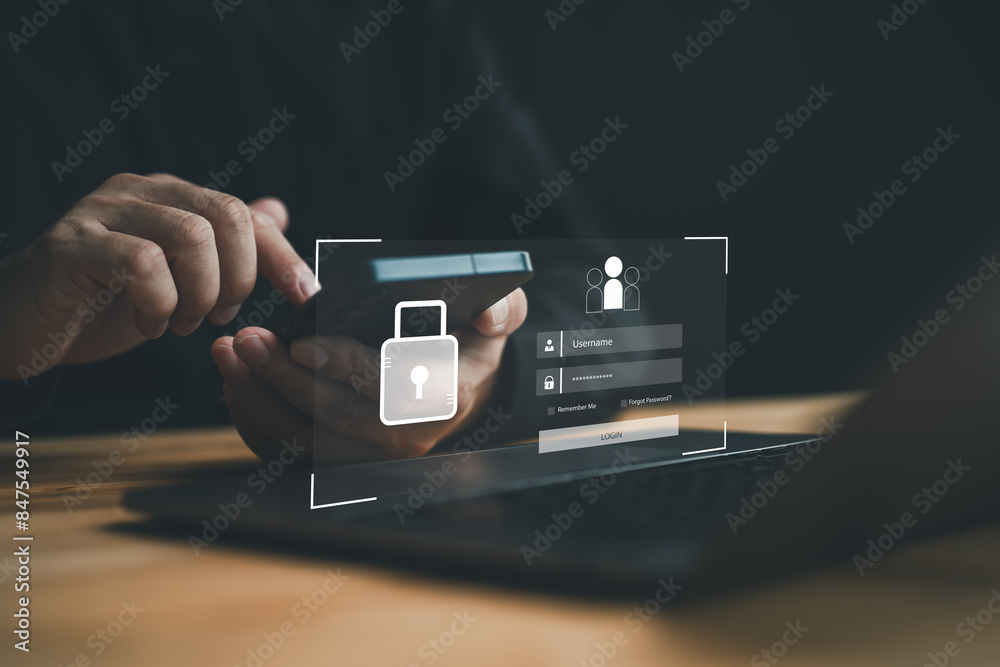 Aufkleber Cybersecurity and privacy concepts to protect data. Lock icon and internet network security technology. Businessman protecting personal data on smartphone, virtual screen interfaces. cyber security.