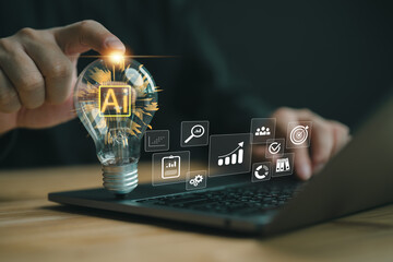 Ai tech, businessman show virtual graphic Global Internet connect AI Chatbot, Artificial...