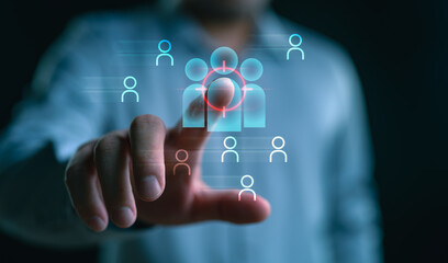 Customer Relationship Management, Businessman with global structure customer network technology, Data exchanges development. customer service, social media. digital marketing online.