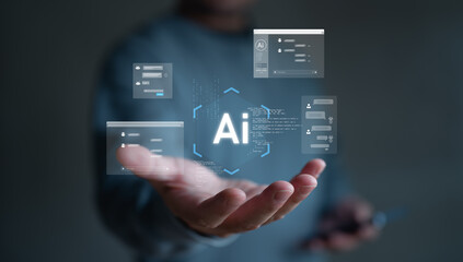 Ai tech, businessman show virtual graphic Global Internet connect AI, Artificial Intelligence. Using command prompt for generates something, Futuristic technology transformation. Chatbot Chat with AI.