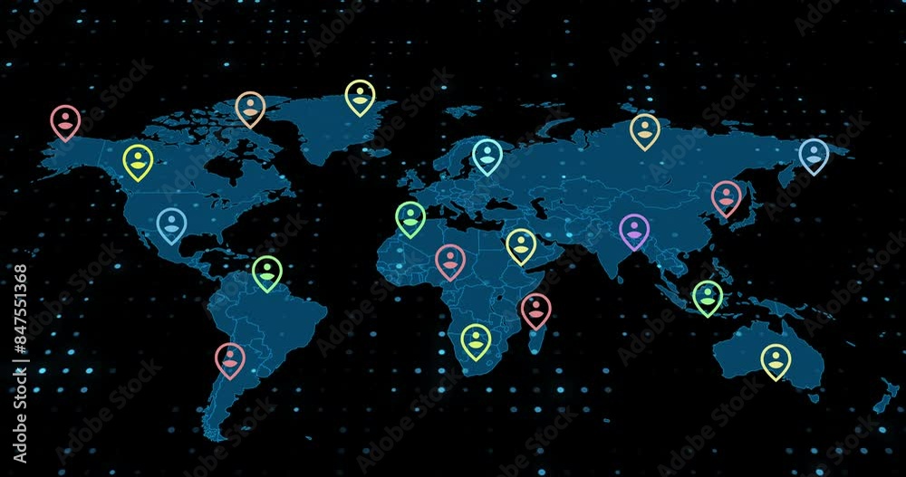 Poster Hologram, map and abstract location pins for travel, global population or demographic statistics. Earth, network and futuristic display of countries with navigation marker by black background.