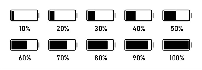 Set of 10 to 100% infographics full battery charge. Battery charging indicator 10, 20, 30, 40, 50, 70, 90 and 100%. Energy level, progress, growth, power sign symbols black color. Vector illustration.