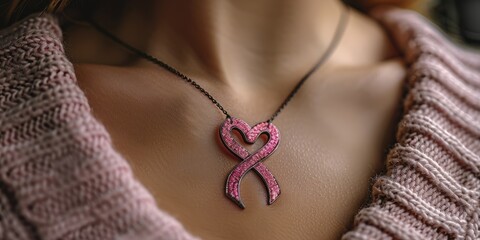 Close-Up of Heart-Shaped Pink Ribbon Necklace, Symbolizing Awareness and Support