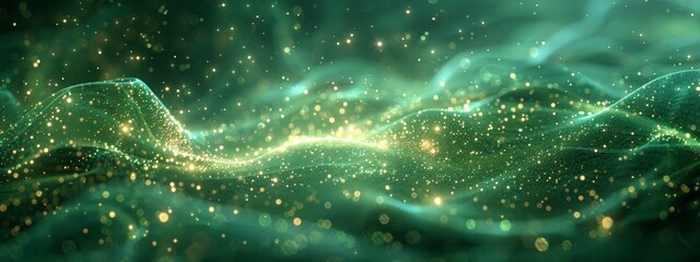 Abstract wave with soft green glowing  bokeh light background.