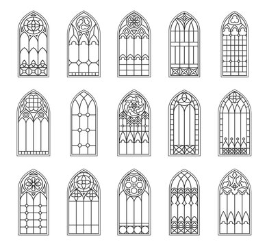 Catholic gothic church windows. Medieval castle arched stained glasses. Isolated vector outline arches black silhouettes. Vintage frames, cathedral interior traditional European architecture elements
