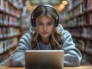 Young girl wearing a headphone in front of a tablet screen in the library.