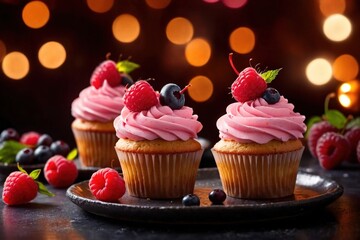 Fancy pink raspberry cupcake with frosting, gourmet dessert cake