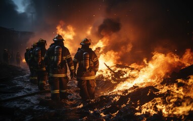 A group of firefighters are walking through a burning building. Scene is intense and dangerous, as the firefighters are risking their lives to save others