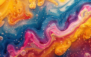 A colorful swirl of paint with many bubbles. The colors are bright and vibrant, creating a sense of energy and movement. The bubbles add a playful and whimsical touch to the piece