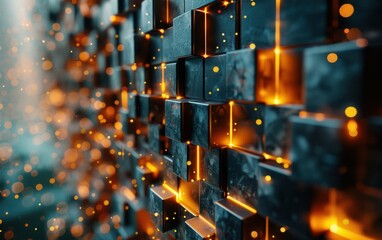 Obraz premium A wall of black cubes with orange lights shining on them. The wall is made of metal and has a futuristic look to it. The orange lights give the wall a warm and inviting feeling