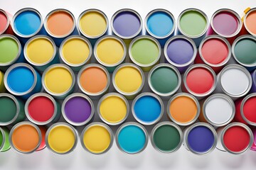 paint cans, Colorful sample paint pots, Open paint container with multiple colors, Cans and paint on the colourful background, : colorful-paint-cans-arranged-neatly-on-a-clean-white-background


,