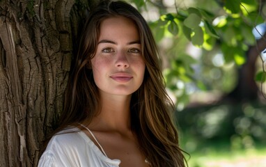 Naklejka premium A woman with long brown hair stands next to a tree. She is smiling and looking at the camera