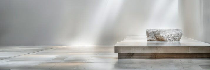 Minimalist zen interiors with minimal arrangements, natural lighting from a window and copy space. Interior design home composition.