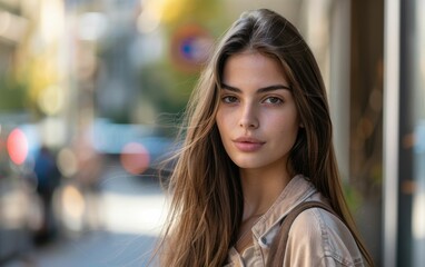 A woman with long brown hair stands in front of a building. She is wearing a tan jacket and a brown purse