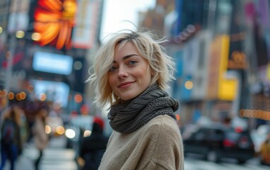 A woman with blonde hair is standing in the middle of a busy city street. She is wearing a scarf and smiling. The scene is bustling with activity, with cars and pedestrians all around her